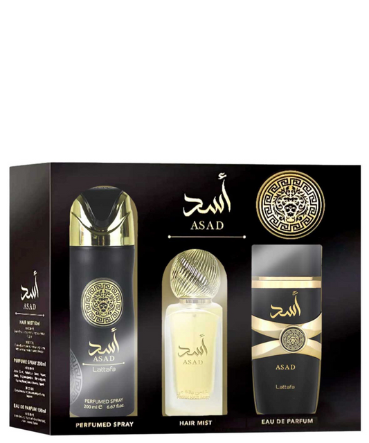 ‘Asad’ Lattafa Eau de Parfum 100 mL + Perfume para cabello + Desodorante | Set de regalo para Caballero