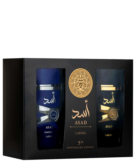 Lattafa ‘Asad’ & ‘Asad Azanaibar’ Eau de Parfum 100 mL | Set de regalo para Caballero